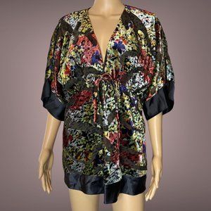 E.col.o.gie Women Kimono Blouse Size XL Green Orange Lined V-Neck Elastic Waist